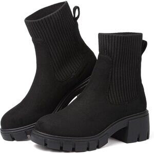 BKWHDAY Women's Black Chelsea Platform Ankle Boots Fashion Chunky Heel
